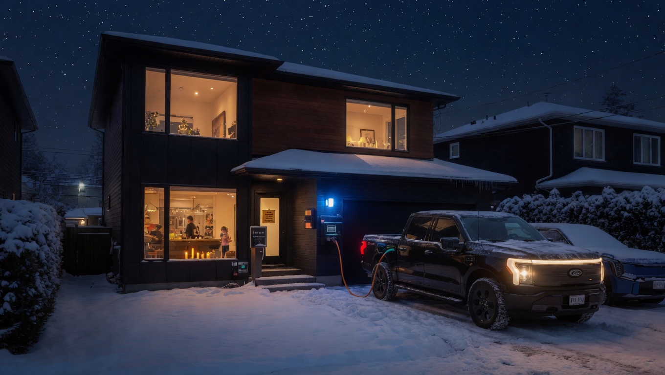 V2H Bidirectional Charging Canada 2026 – EV powering home during winter blackout