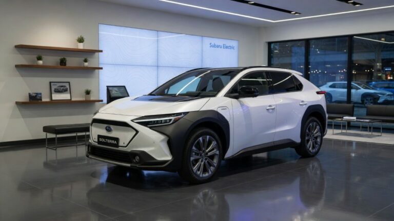 Subaru Solterra electric SUV displayed in a modern showroom