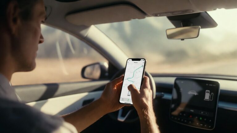 Using EV apps for road trip planning inside electric car