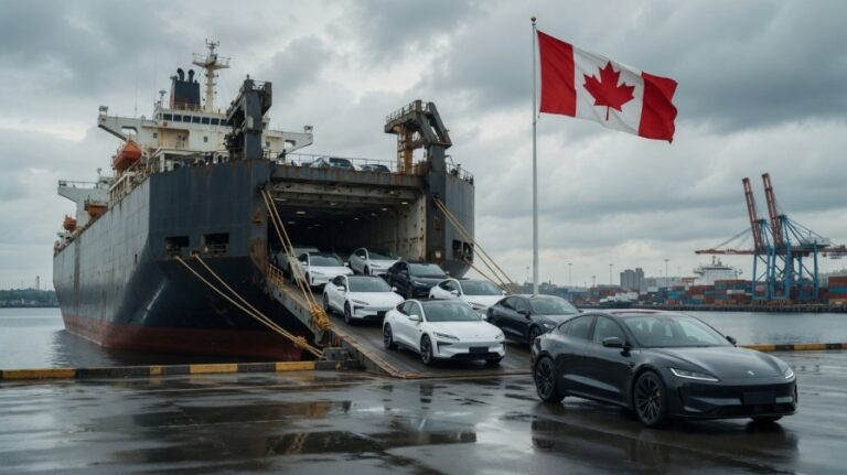 Chinese electric vehicles being unloaded at a Canadian port under new trade deal