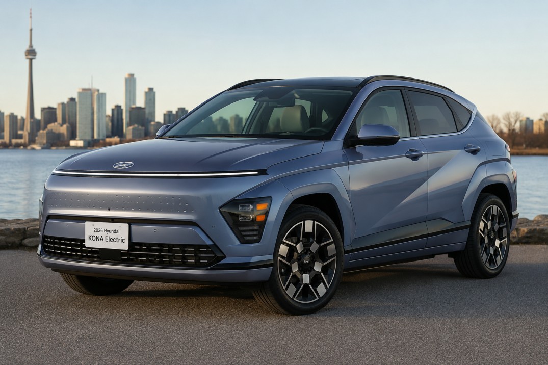 2026 Hyundai Kona Electric parked on Canadian suburban street with light snow during golden hour
