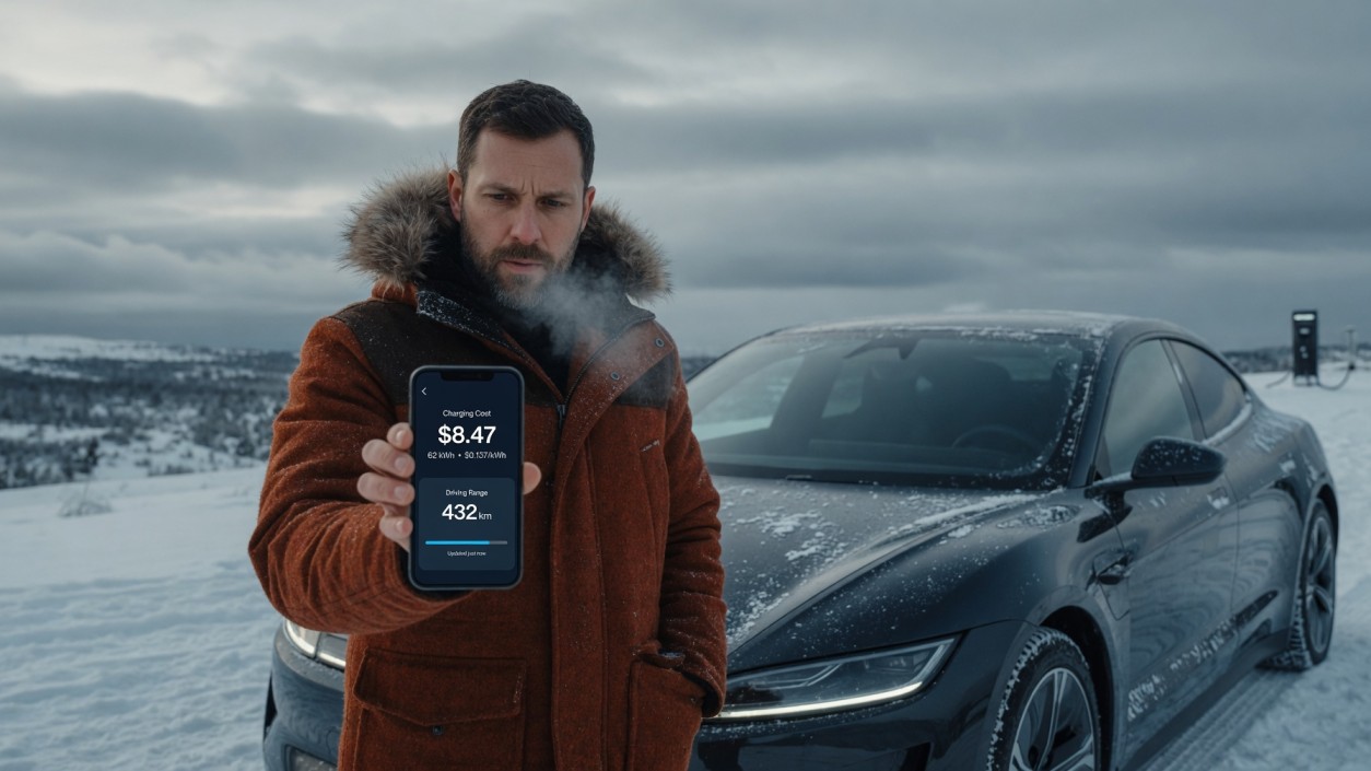 Canadian couple looking at electric vehicle with concern in winter