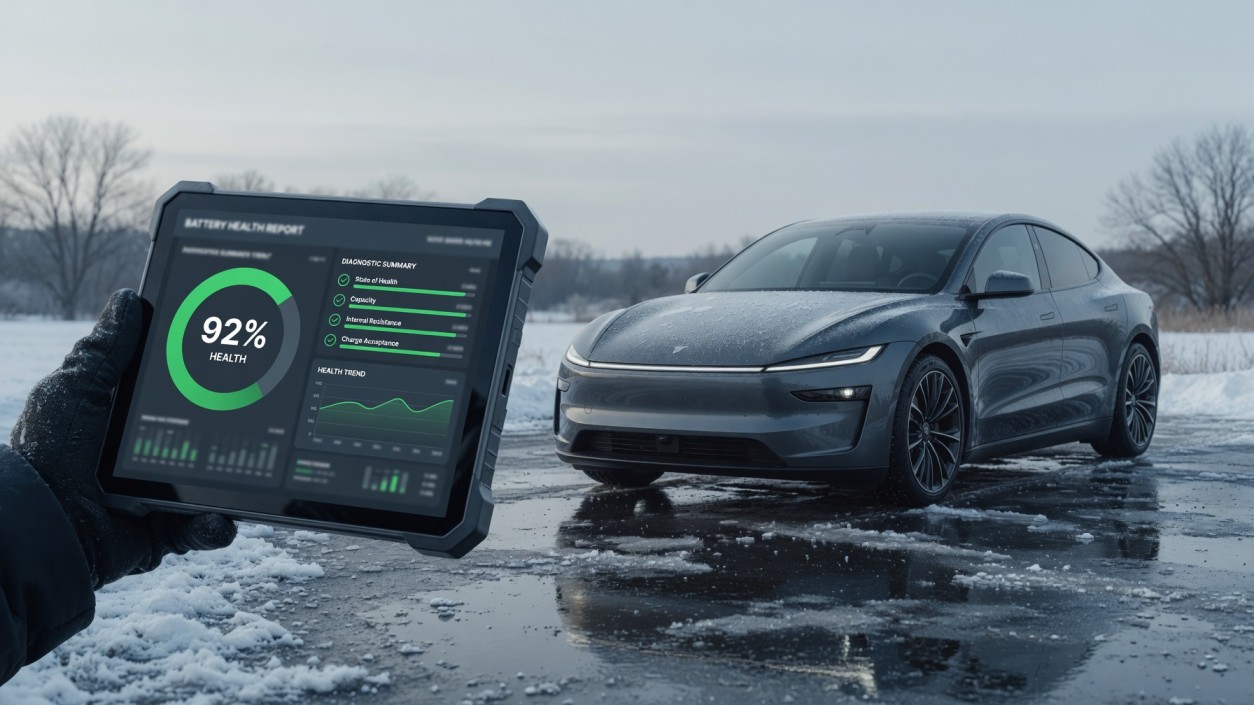 Used electric car battery health check in cold weather