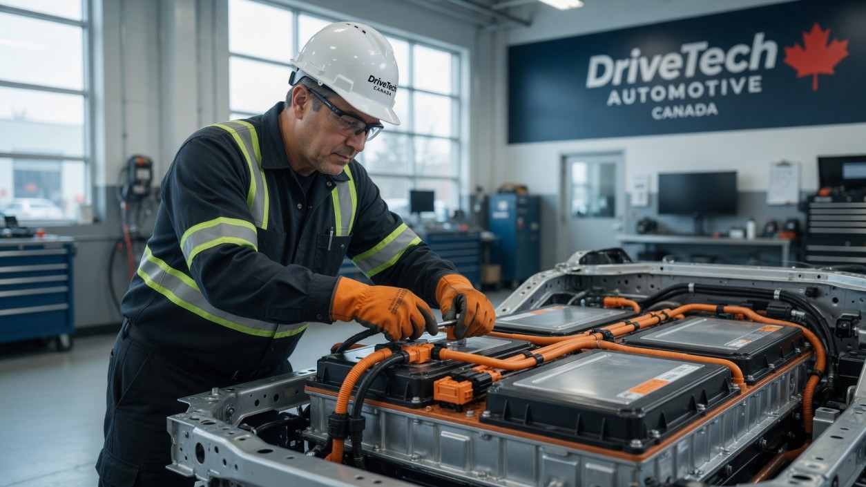 Mechanic repairing electric vehicle in Canada