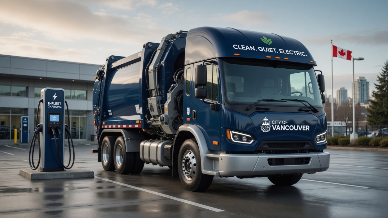Electric garbage truck charging at municipal facility Canada
