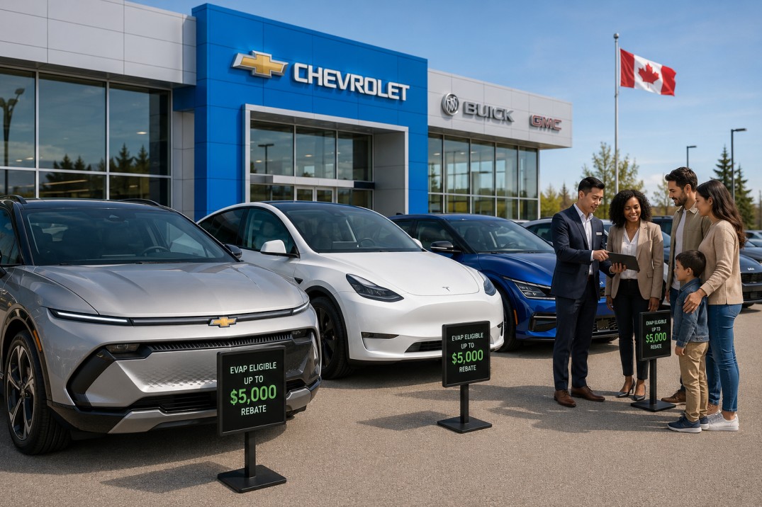 Modern Canadian car dealership lot with electric vehicles including Chevrolet Equinox EV and Tesla Model Y showing EVAP rebate signs, sales consultants reviewing inventory with customers in 2026