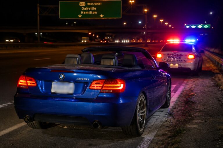 Blue BMW 3 Series convertible pulled over by police on the QEW in Oakville after being clocked at 184 km/h