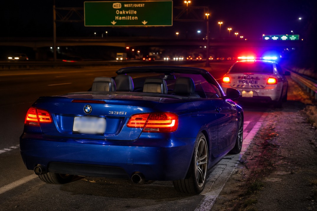 Blue BMW 3 Series convertible pulled over by police on the QEW in Oakville after being clocked at 184 km/h