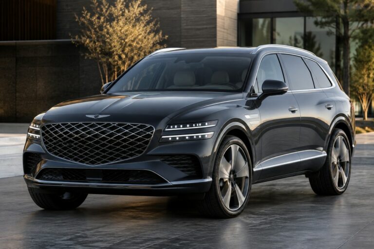 2028 Genesis GV90 luxury electric SUV showing flagship design and distinctive front lighting