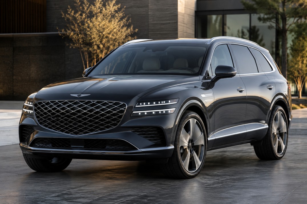 2028 Genesis GV90 luxury electric SUV showing flagship design and distinctive front lighting
