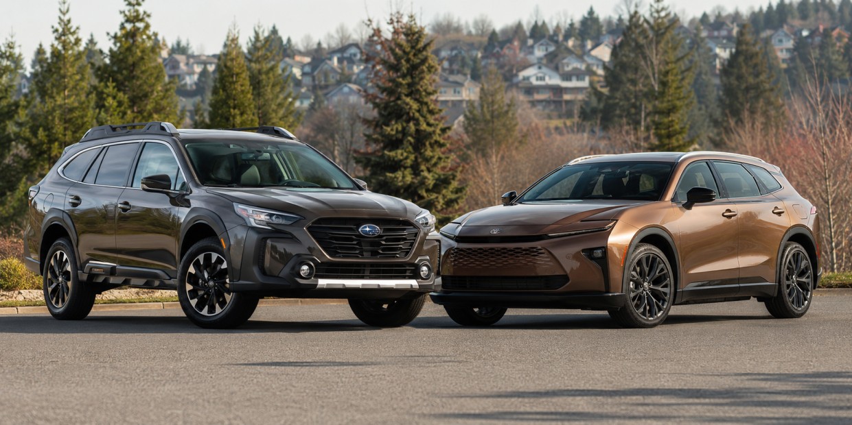 2026 Subaru Outback and Toyota Crown Signia parked side by side for a midsize crossover SUV comparison