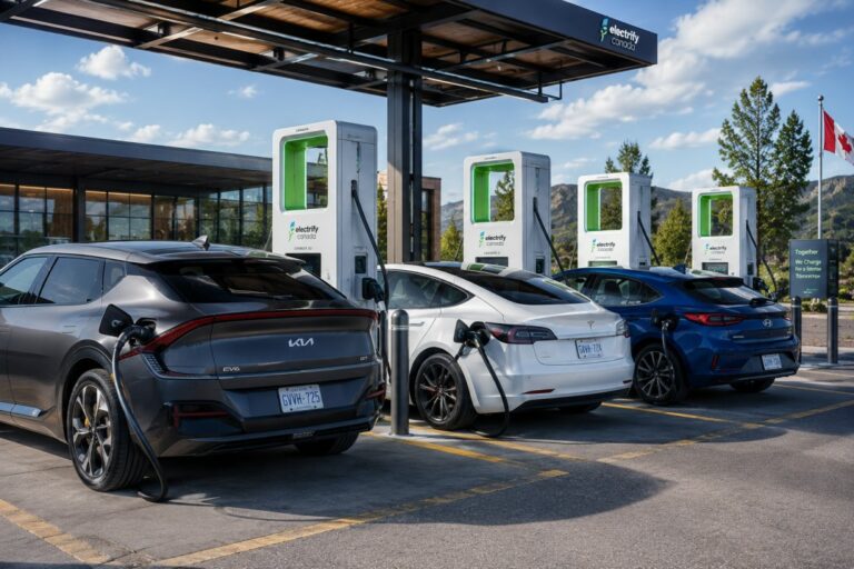 Public EV fast charging station showing expanded Tesla Supercharger access