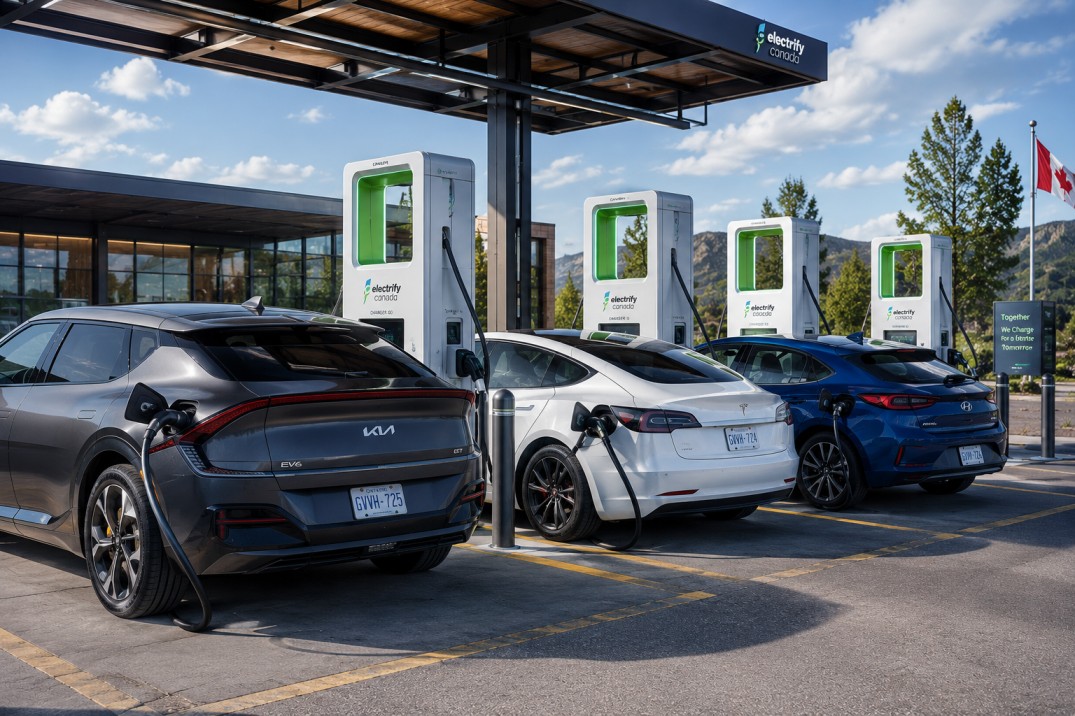 Public EV fast charging station showing expanded Tesla Supercharger access
