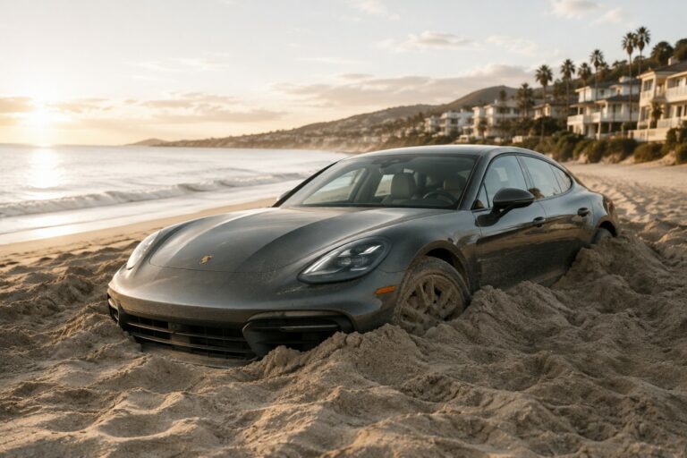 Porsche stuck in sand at Toronto Woodbine Beach