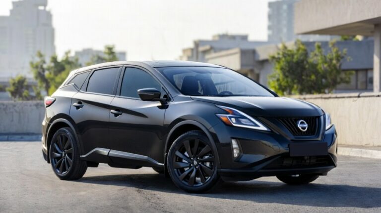 2027 Nissan Murano Dark Armor with gloss black 21-inch wheels, black badges, and sporty blackout styling