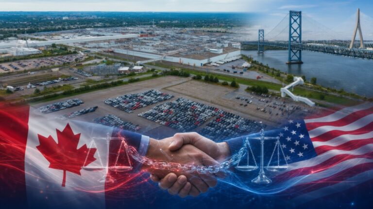Illustration of Canada-U.S. auto trade negotiations with Canadian vehicles and border elements representing the CUSMA deal discussions