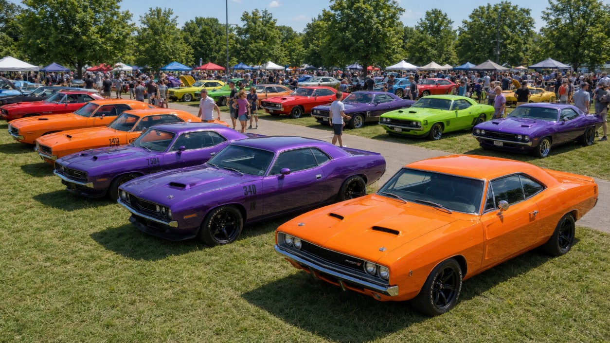 Crowd of classic and modern Mopar cars including Dodge Chargers and Plymouths at Moparfest 2026 in New Hamburg Ontario