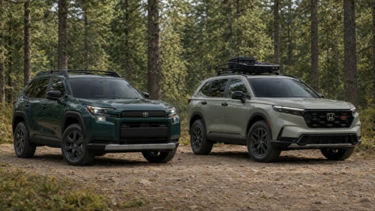 Side-by-side comparison of 2026 Toyota RAV4 Woodland Hybrid and Honda CR-V Hybrid Trailsport on a light trail
