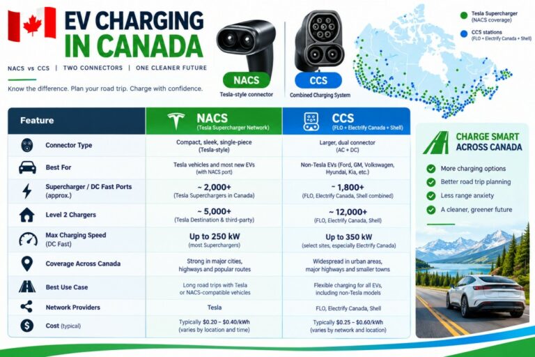 NACS vs CCS Canada EV charging comparison infographic 2026 showing Tesla Superchargers and CCS networks on FLO Electrify Canada Shel