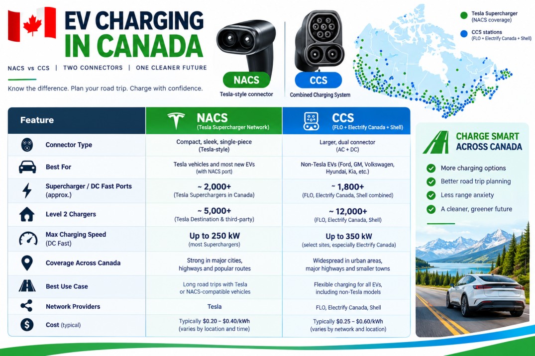 NACS vs CCS Canada EV charging comparison infographic 2026 showing Tesla Superchargers and CCS networks on FLO Electrify Canada Shel