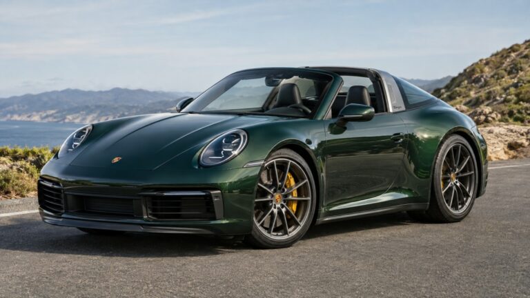 2026 Porsche 911 Targa 4S open-top sports car in dark green with the signature Targa roof bar