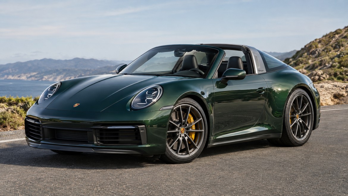 2026 Porsche 911 Targa 4S open-top sports car in dark green with the signature Targa roof bar