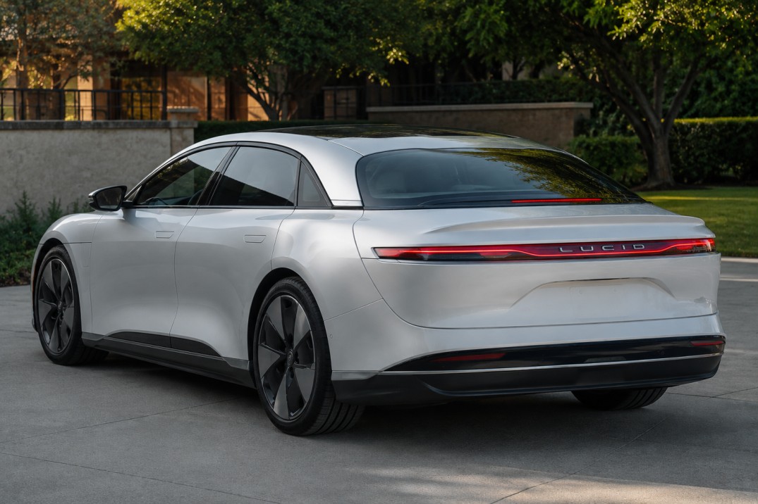 Lucid Air electric sedan parked outdoors away from a building during a Canadian recall for overheating lighting wiring
