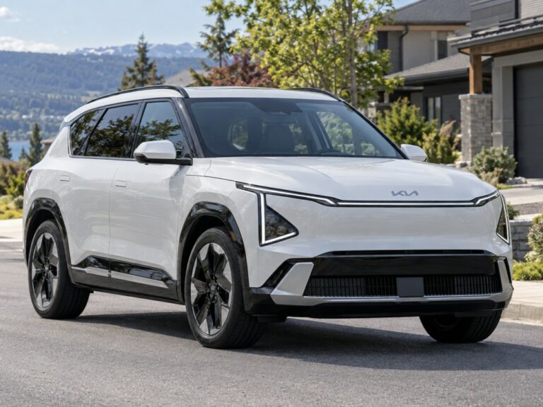 2027 Kia EV5 electric SUV on a Canadian road, a Canada-only Kia EV starting at $43,495
