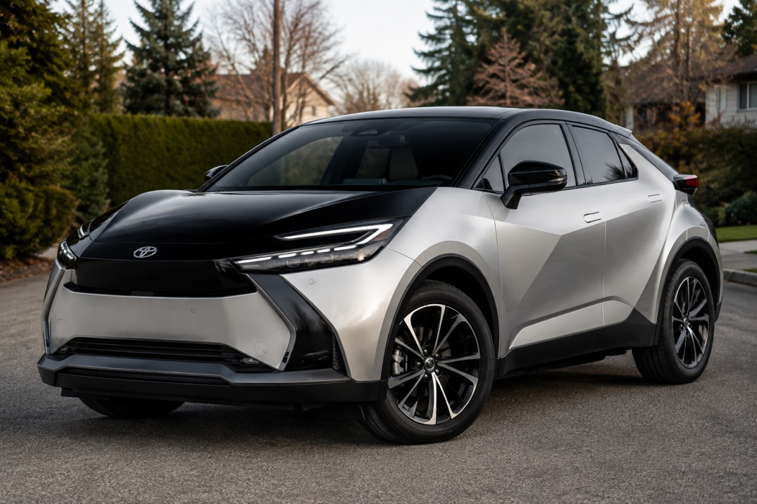 2026 Toyota C-HR XSE AWD electric crossover shown from the front three-quarter angle