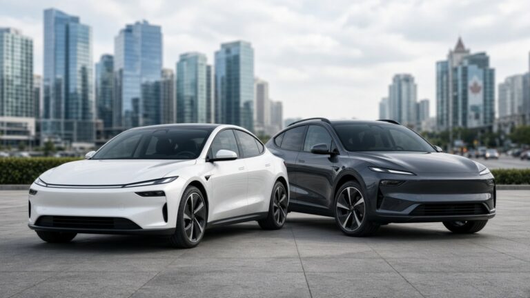 Modern Chinese electric cars displayed in a Canadian city setting as shoppers consider new EV brands