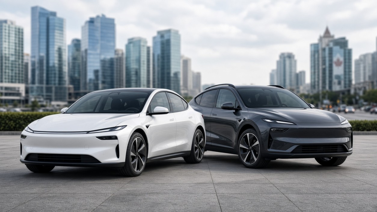 Modern Chinese electric cars displayed in a Canadian city setting as shoppers consider new EV brands