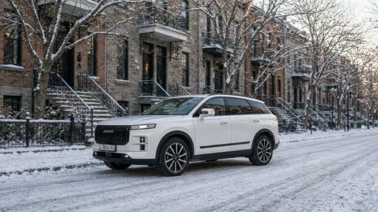 Electric crossover parked on a winter street in Quebec as the Roulez vert rebate approaches its 2026 end date