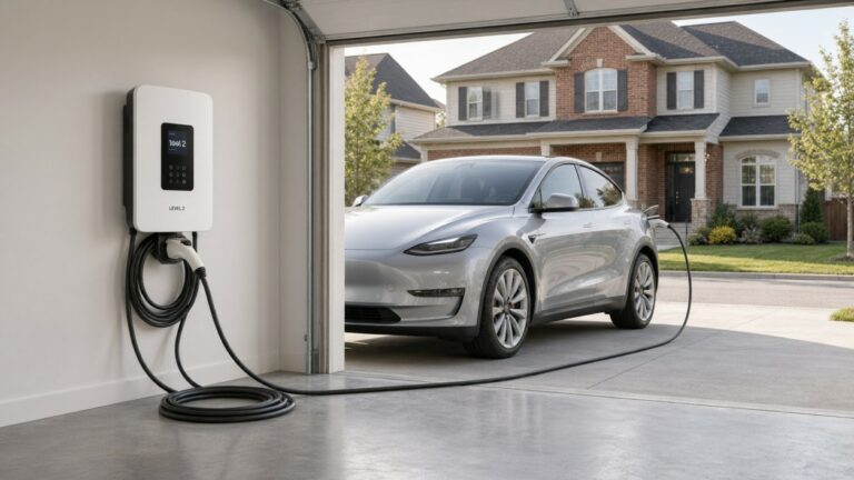 Level 2 home EV charger installed in a Canadian garage with an electric SUV plugged in overnight