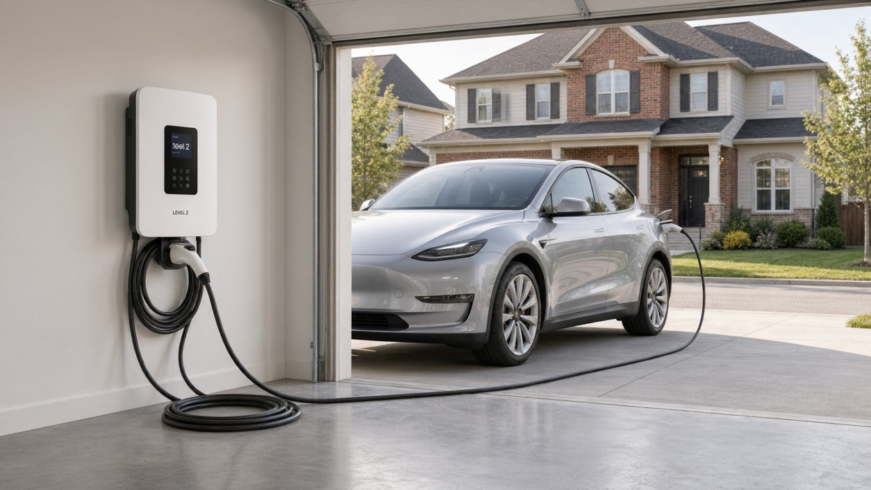 Level 2 home EV charger installed in a Canadian garage with an electric SUV plugged in overnight