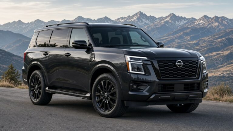 2027 Nissan Armada Dark Armor full-size SUV with blacked-out wheels, grille, and trim