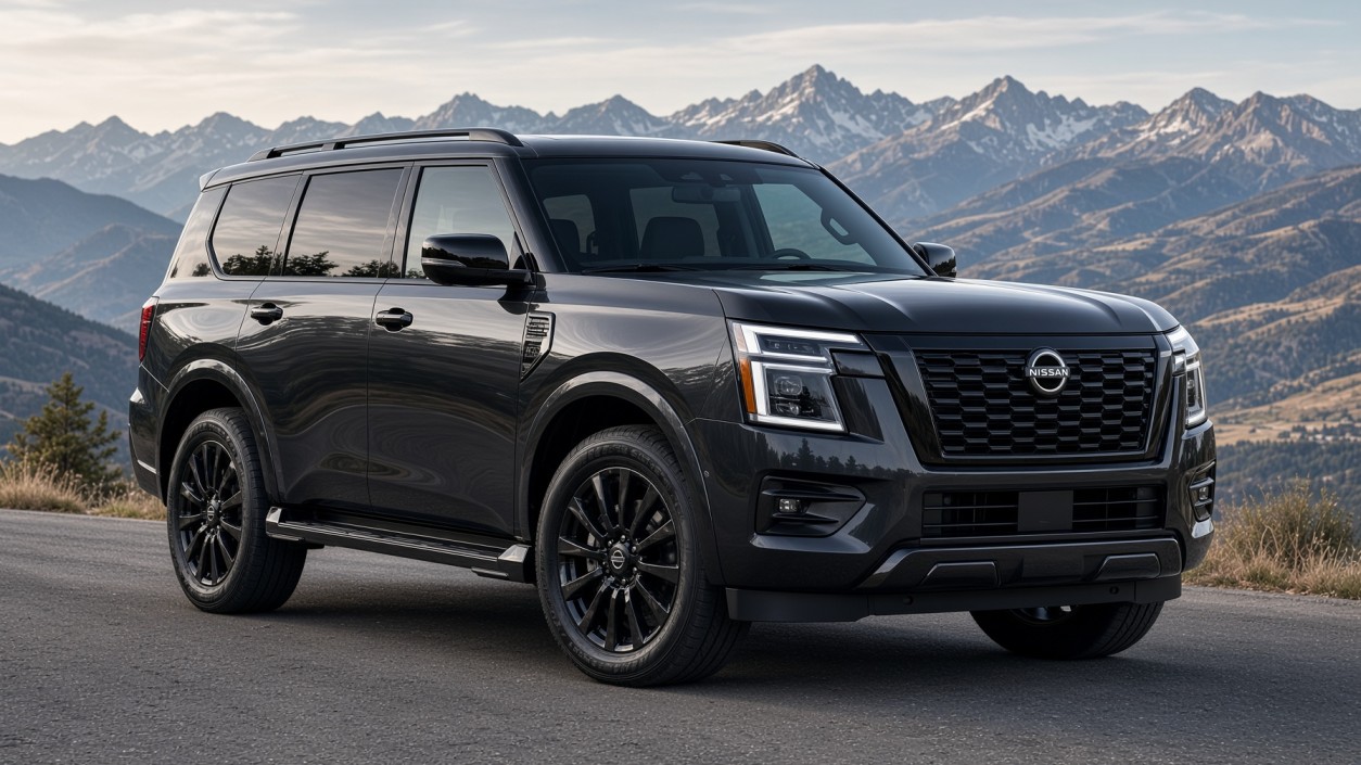 2027 Nissan Armada Dark Armor full-size SUV with blacked-out wheels, grille, and trim