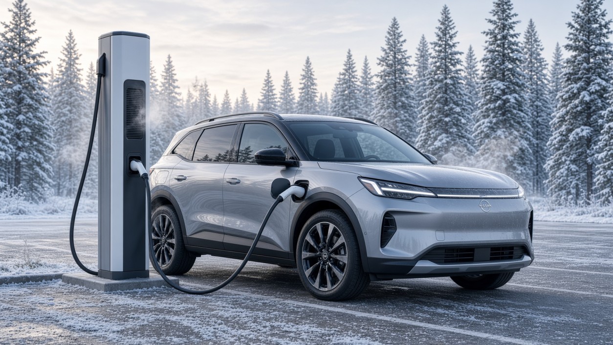 Electric SUV DC fast charging at a Canadian highway station on a cold winter morning