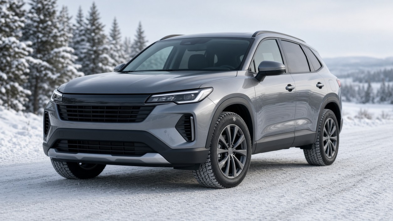 Winter tires on a compact SUV on a snowy Canadian road, for a 2026 buying and budget guide