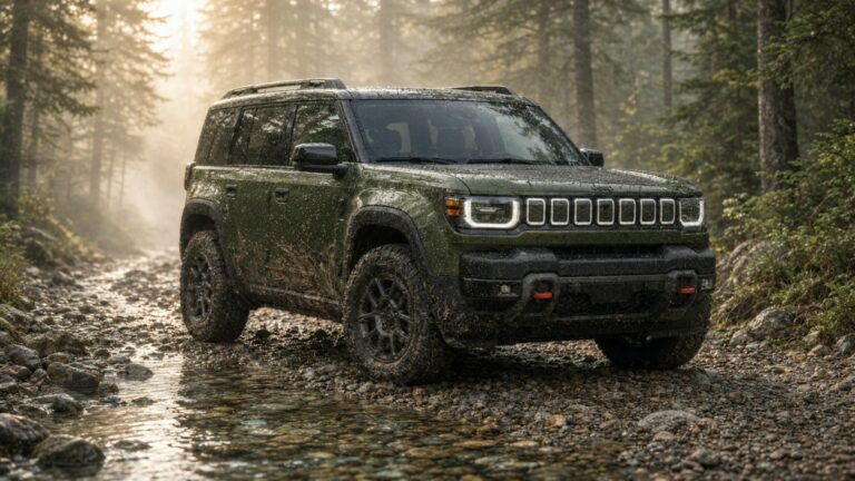 Modern Jeep electric SUV in dark olive green parked on a forest trail in Canada