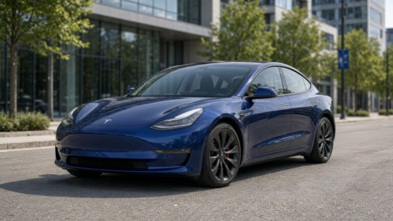 Tesla Model 3 in Deep Blue Metallic, representing the paused Premium orders in Canada until March 2027