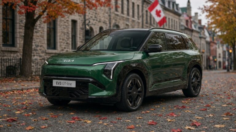 Deep green 2027 Kia EV3 electric car parked on an autumn Quebec street with maple leaves