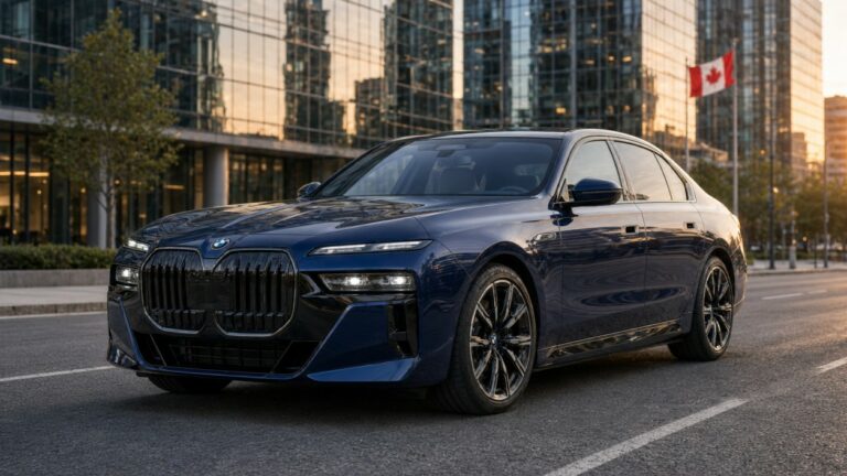 Deep Alpine Blue 2026 BMW i7 xDrive60 electric sedan parked on a Canadian city street