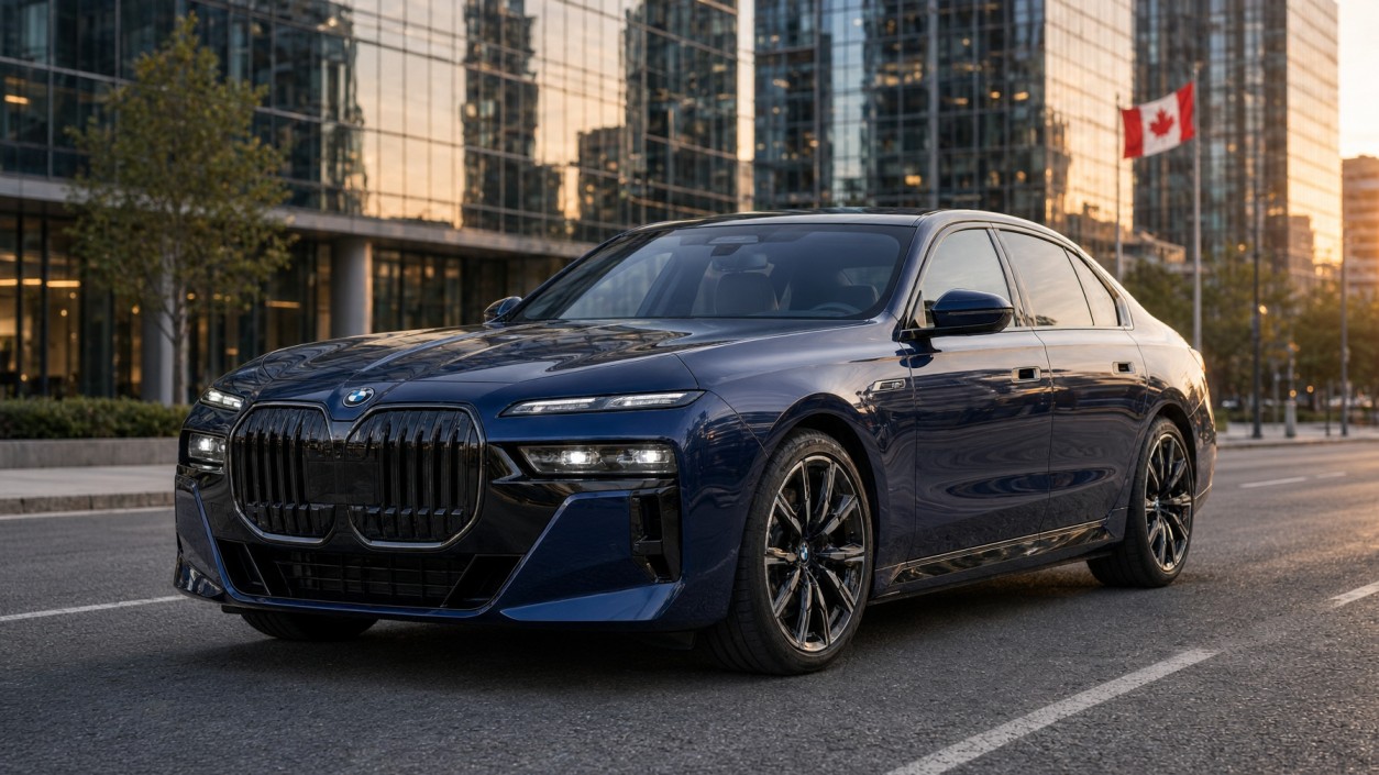 Deep Alpine Blue 2026 BMW i7 xDrive60 electric sedan parked on a Canadian city street