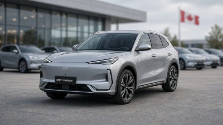 Silver modern electric crossover parked on a Canadian dealership lot representing Chinese EV options arriving in 2027