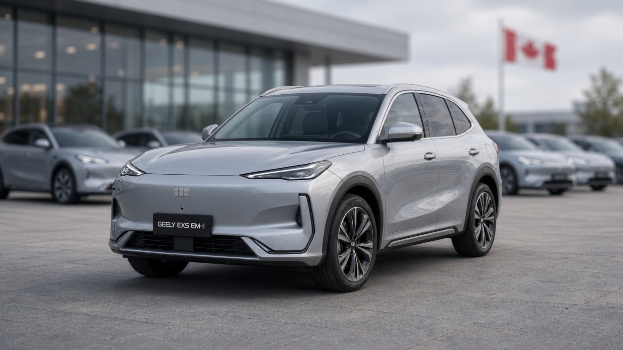 Silver modern electric crossover parked on a Canadian dealership lot representing Chinese EV options arriving in 2027