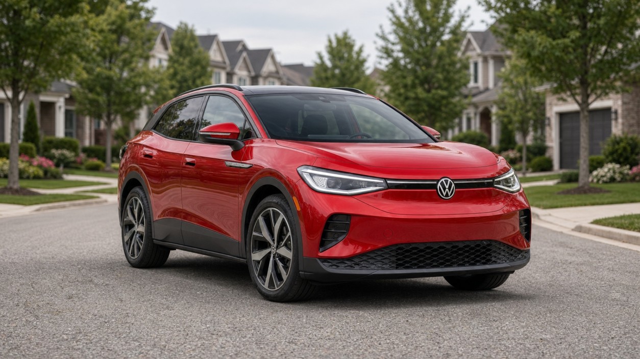 Volkswagen ID.4 in Aurora Red Chroma paint, subject of the 2026 Canadian battery recall that advises an 80 percent charge limit