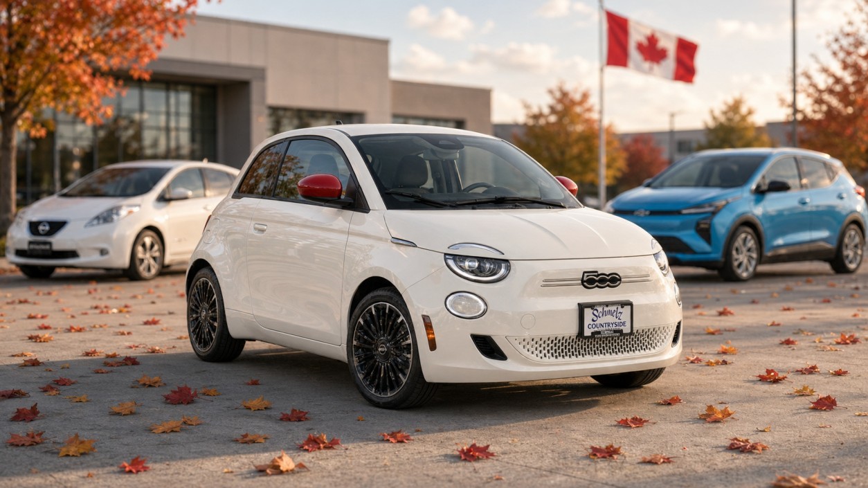 White 2026 Fiat 500e electric car on a Canadian dealership lot with other affordable EVs in the background