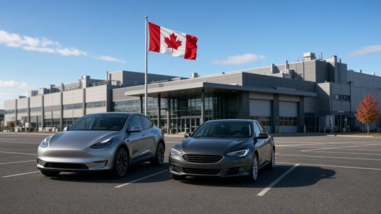 Canadian flag outside an auto plant with electric and gasoline vehicles parked nearby