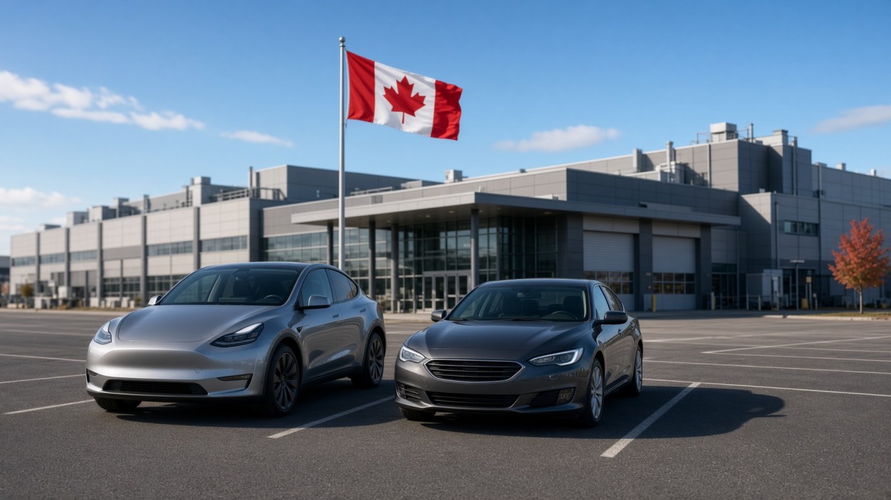 Canadian flag outside an auto plant with electric and gasoline vehicles parked nearby