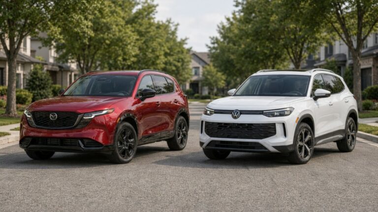 2026 Mazda CX-5 and Volkswagen Tiguan compact SUVs parked side by side in Canada